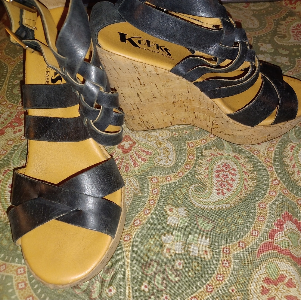 Korks by Kork-Ease 7 38 black wedge cork sandals heels shoes